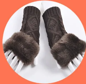 Color: Diamond style coffee, Size: One size - Gloves Female Autumn And Winter Cute Student Ladies Gloves Korean Version Of The Fingerless Arm Sets Of Warm Rabbit Hair Half Finger Gloves