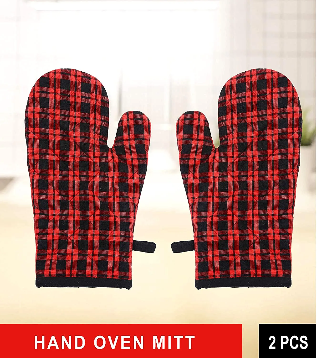 Heart Home Check Design Heat Resistant Cotton Kitchen Oven Mitt Microwave Glove Set, Non-Slip Grip and Hanging Loop for Kitchen, Cooking, Baking, Set of 2 (Multi), Standard (HS_37_HEARTH020608)