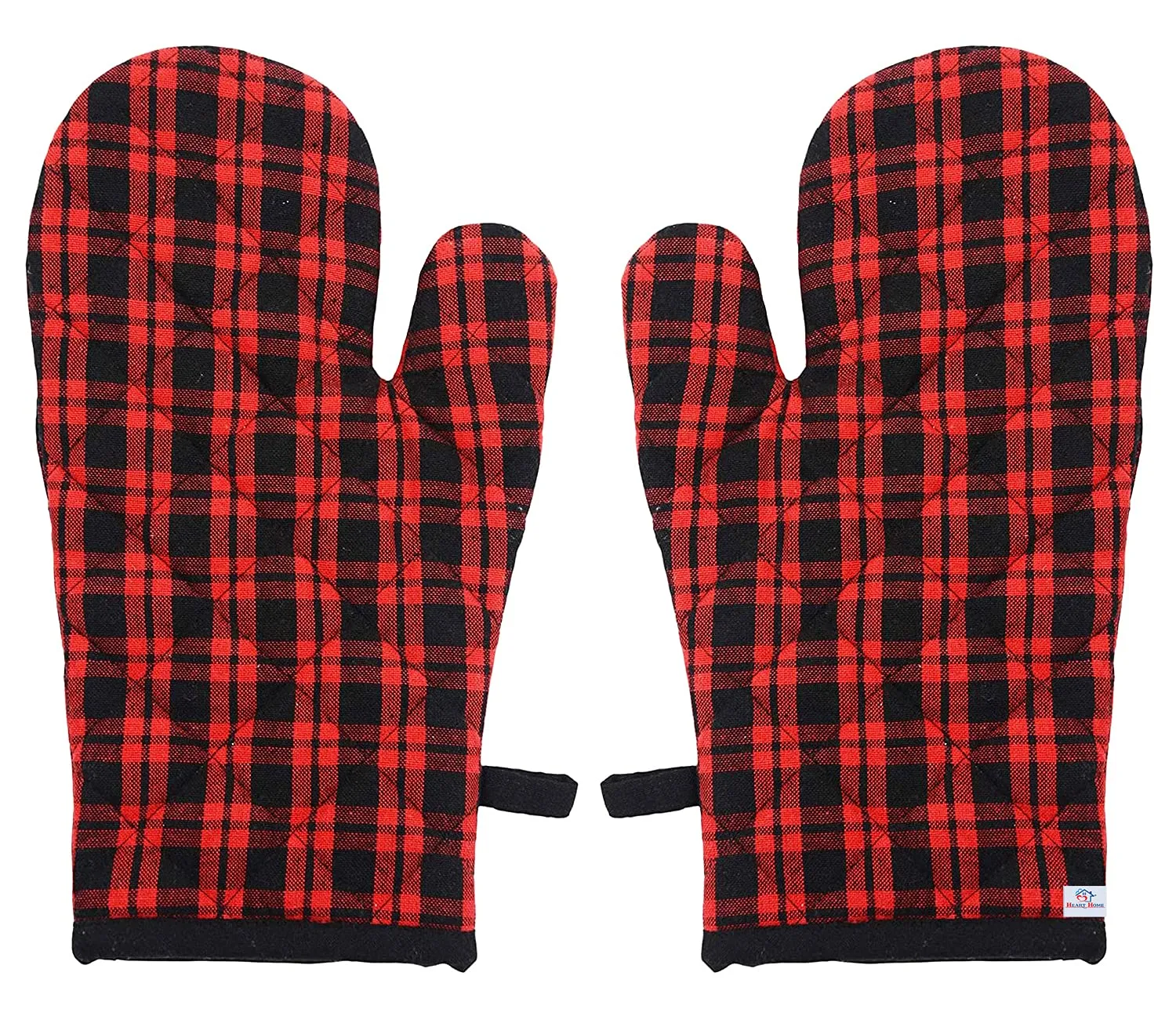 Heart Home Check Design Heat Resistant Cotton Kitchen Oven Mitt Microwave Glove Set, Non-Slip Grip and Hanging Loop for Kitchen, Cooking, Baking, Set of 2 (Multi), Standard (HS_37_HEARTH020608)