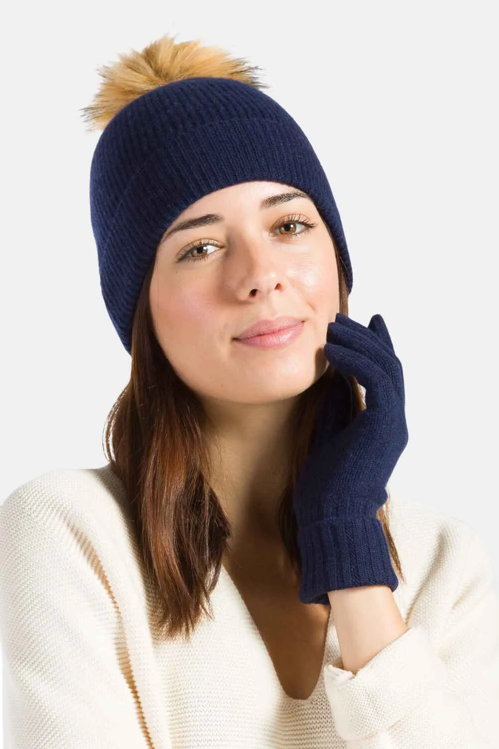 Women's 2pc 100% Cashmere Pom Beanie Hat & Glove Set - OUTLET - FINAL SALE