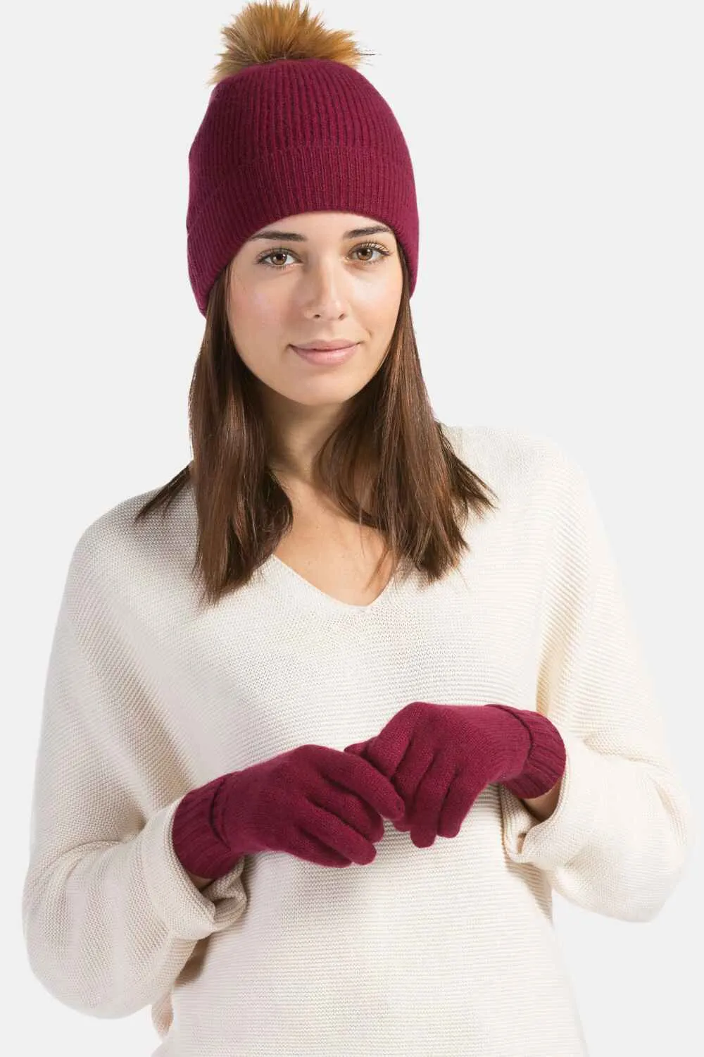 Women's 2pc 100% Cashmere Pom Beanie Hat & Glove Set - OUTLET - FINAL SALE