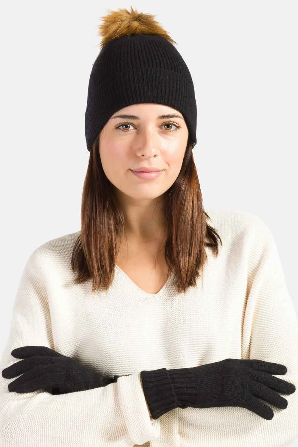 Women's 2pc 100% Cashmere Pom Beanie Hat & Glove Set - OUTLET - FINAL SALE