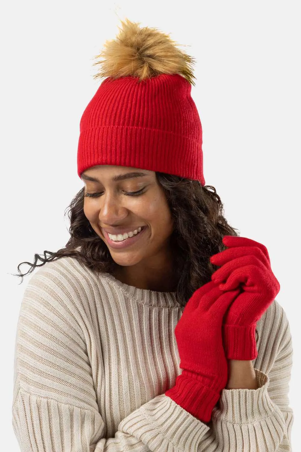 Women's 2pc 100% Cashmere Pom Beanie Hat & Glove Set - OUTLET - FINAL SALE
