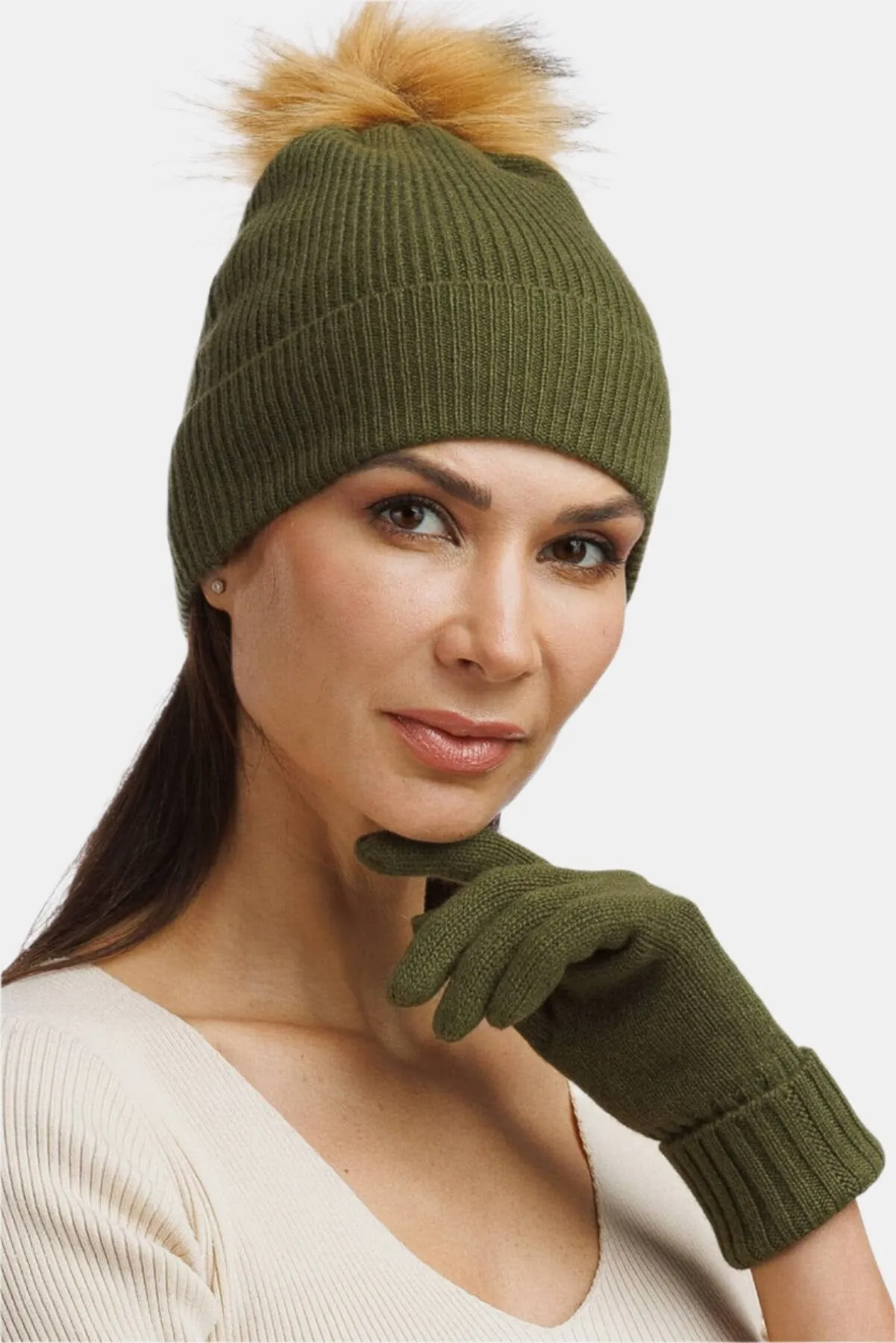 Women's 2pc 100% Cashmere Pom Beanie Hat & Glove Set - OUTLET - FINAL SALE