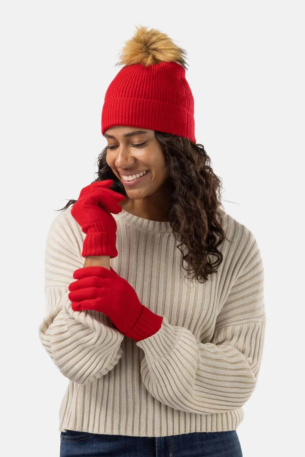 Women's 2pc 100% Cashmere Pom Beanie Hat & Glove Set - OUTLET - FINAL SALE