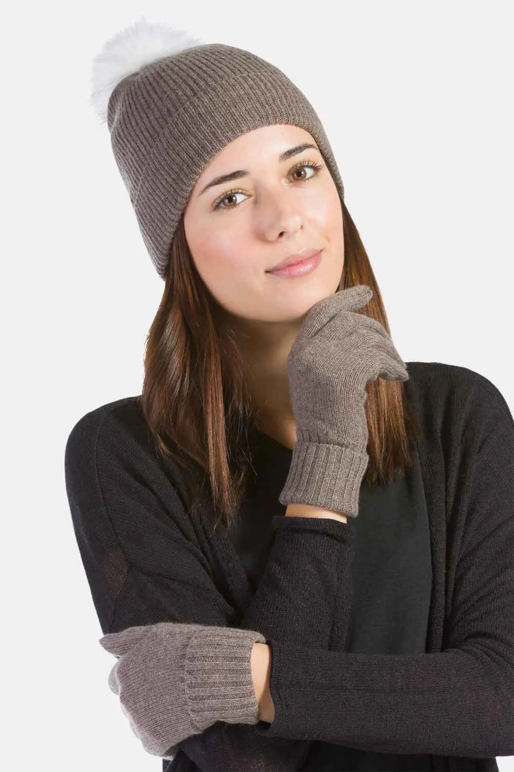 Women's 2pc 100% Cashmere Pom Beanie Hat & Glove Set - OUTLET - FINAL SALE
