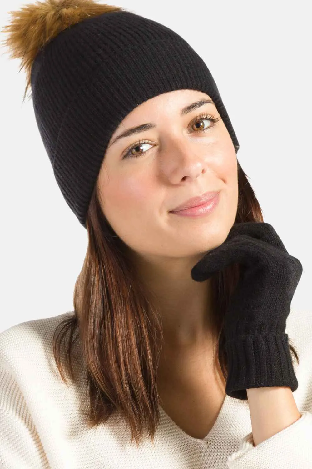 Women's 2pc 100% Cashmere Pom Beanie Hat & Glove Set - OUTLET - FINAL SALE