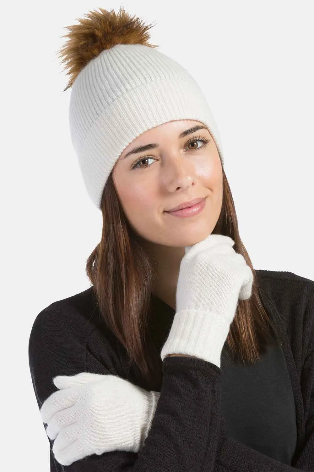 Women's 2pc 100% Cashmere Pom Beanie Hat & Glove Set - OUTLET - FINAL SALE