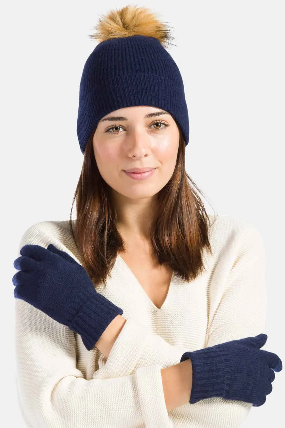 Women's 2pc 100% Cashmere Pom Beanie Hat & Glove Set - OUTLET - FINAL SALE