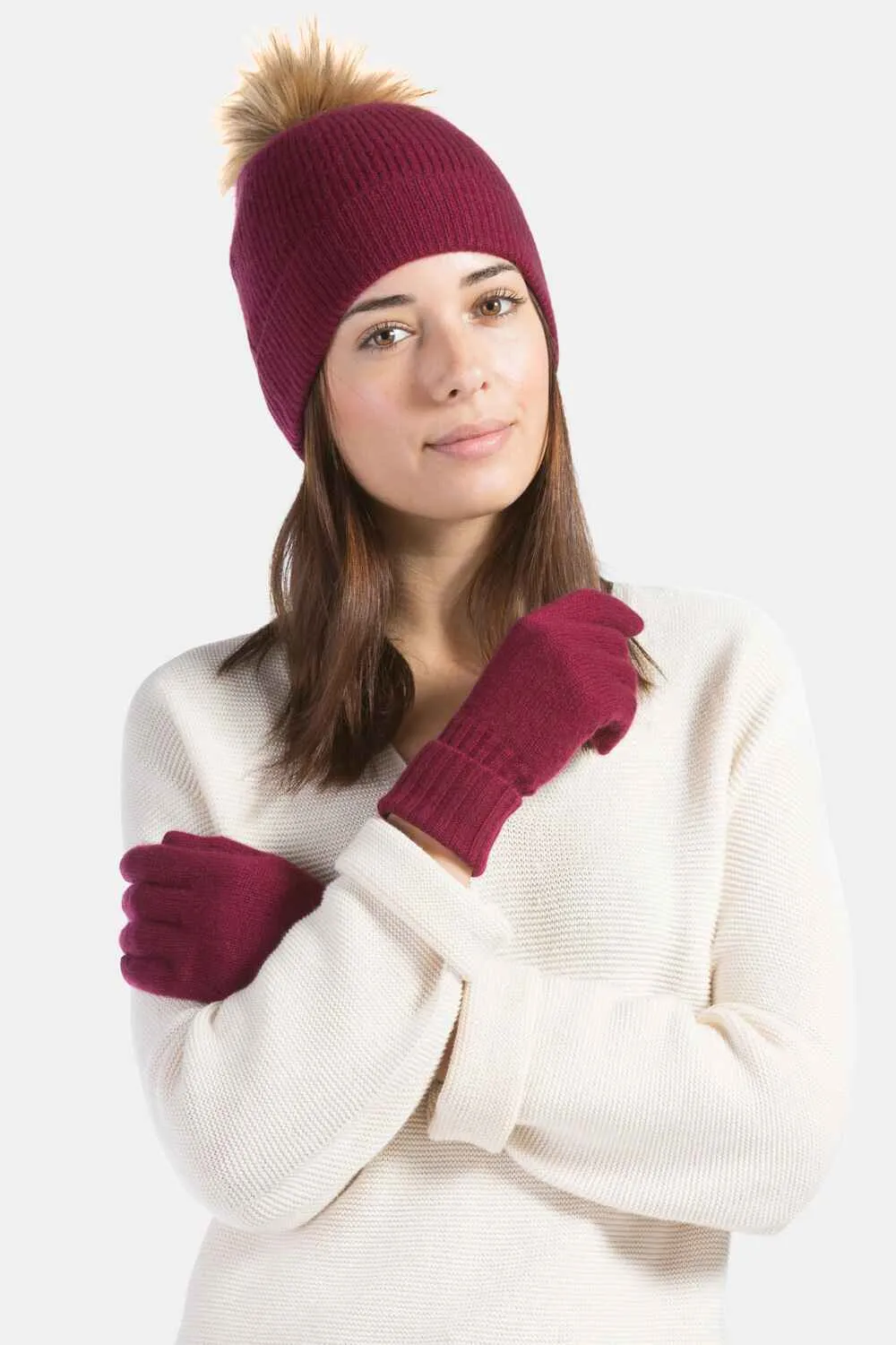 Women's 2pc 100% Cashmere Pom Beanie Hat & Glove Set - OUTLET - FINAL SALE