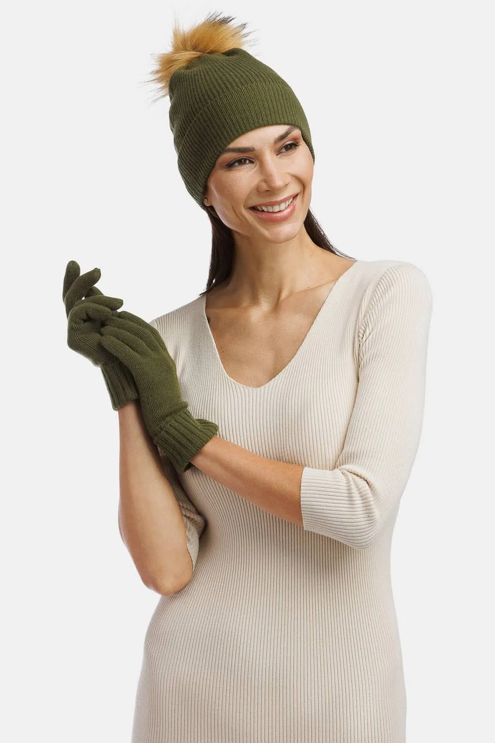 Women's 2pc 100% Cashmere Pom Beanie Hat & Glove Set - OUTLET - FINAL SALE