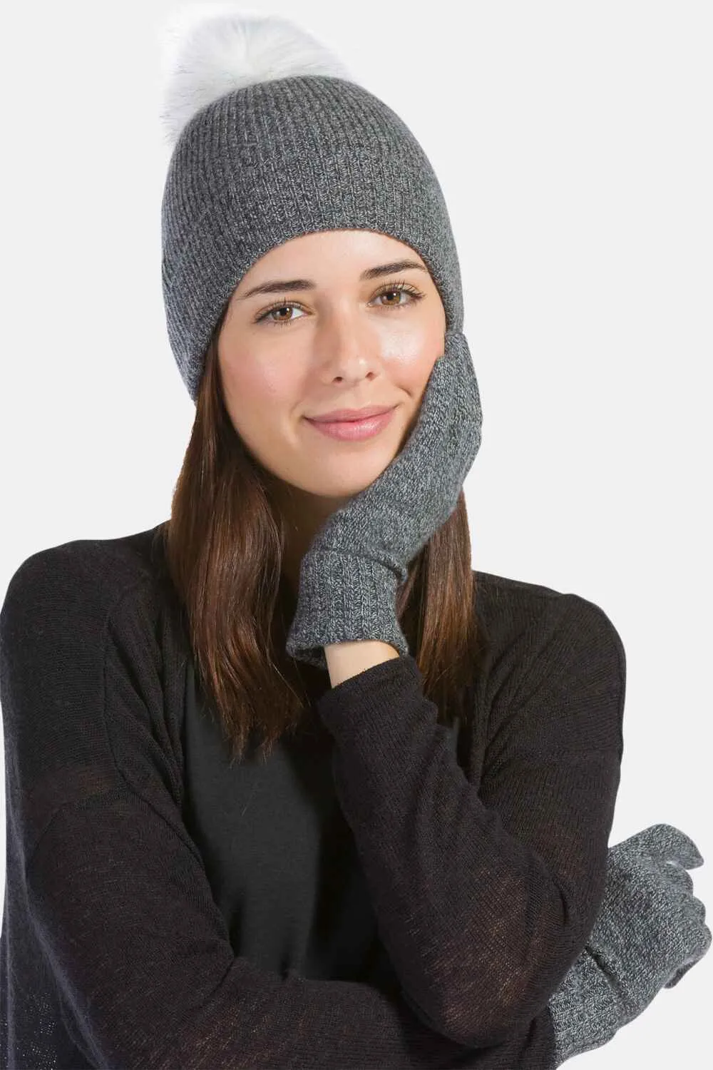 Women's 2pc 100% Cashmere Pom Beanie Hat & Glove Set - OUTLET - FINAL SALE