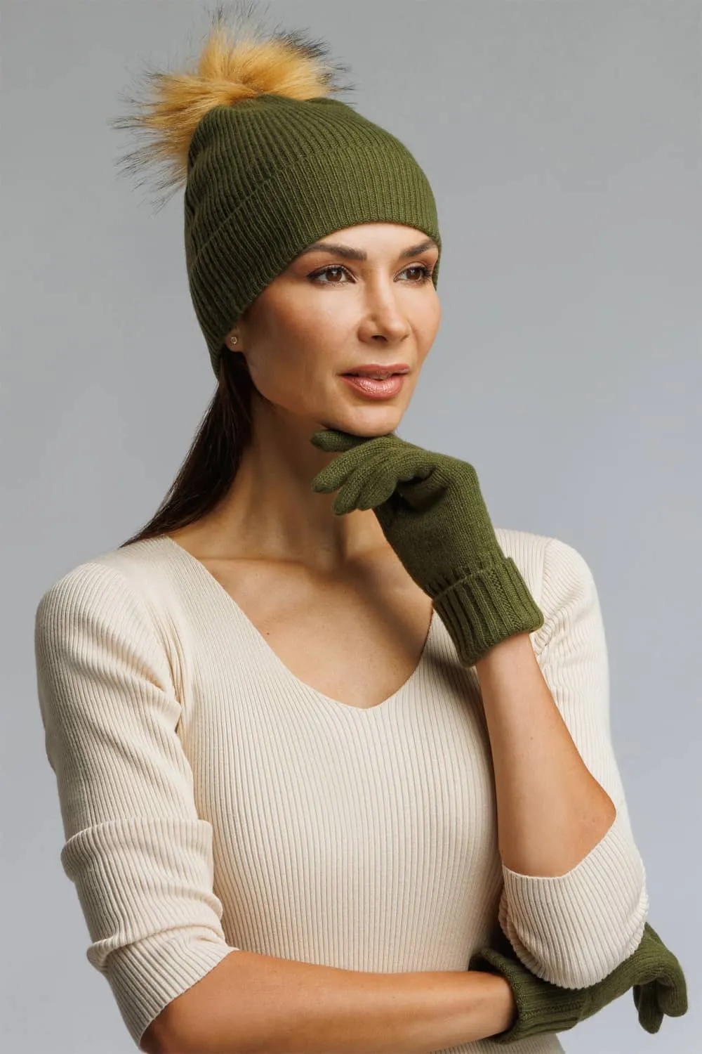 Women's 2pc 100% Cashmere Pom Beanie Hat & Glove Set - OUTLET - FINAL SALE