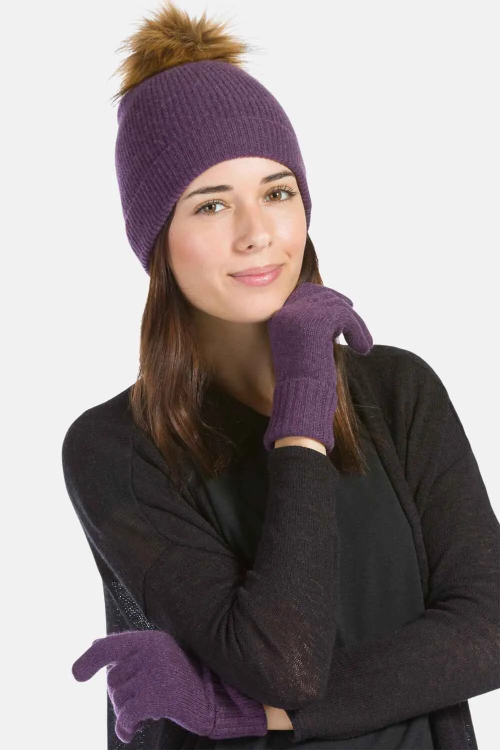Women's 2pc 100% Cashmere Pom Beanie Hat & Glove Set - OUTLET - FINAL SALE
